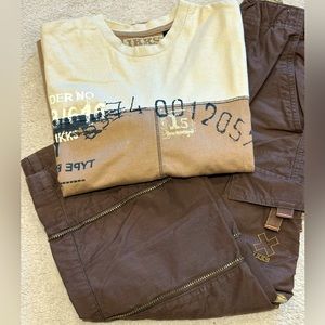Boys 2pc Designer IKKS European Cargo Zip Pants + Long Sleeve Top Size 6-7